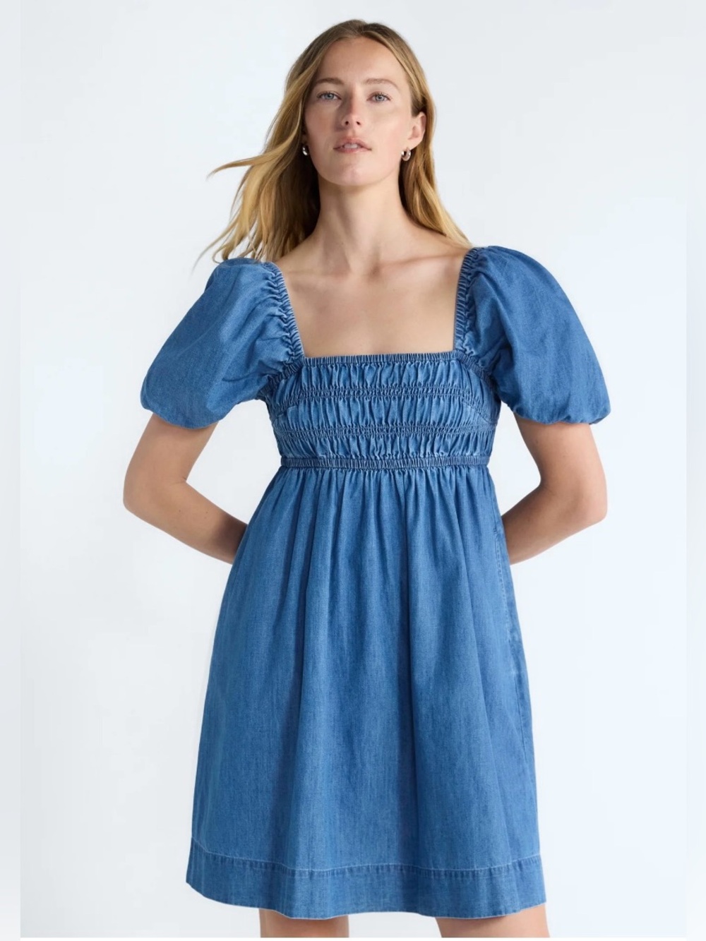 NWT Free Assembly Smocked Peasant Mini Dress Blue Cotton‎ Puff Sleeve Size S